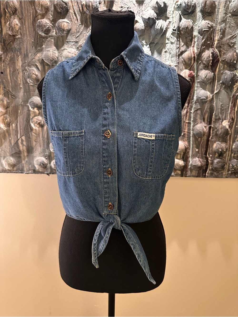 Jordache Medium Blue Denim Tie-Front Sleeveless Shirt